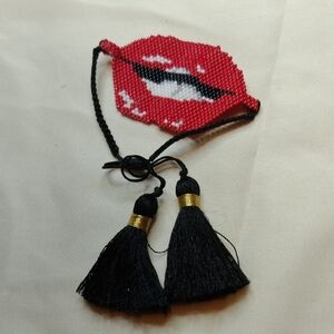Red Lip Bracelet with Black Tassels
